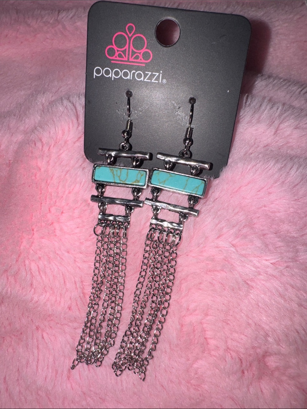 paparazzi Silver-Tone Turquoise Bar Chain Tassel Earrings